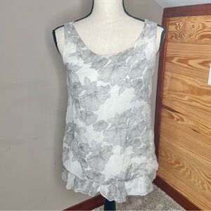 Giusy 100% Pure Silk Layered Floral Sleeveless Tank Top Blouse Small White Grey